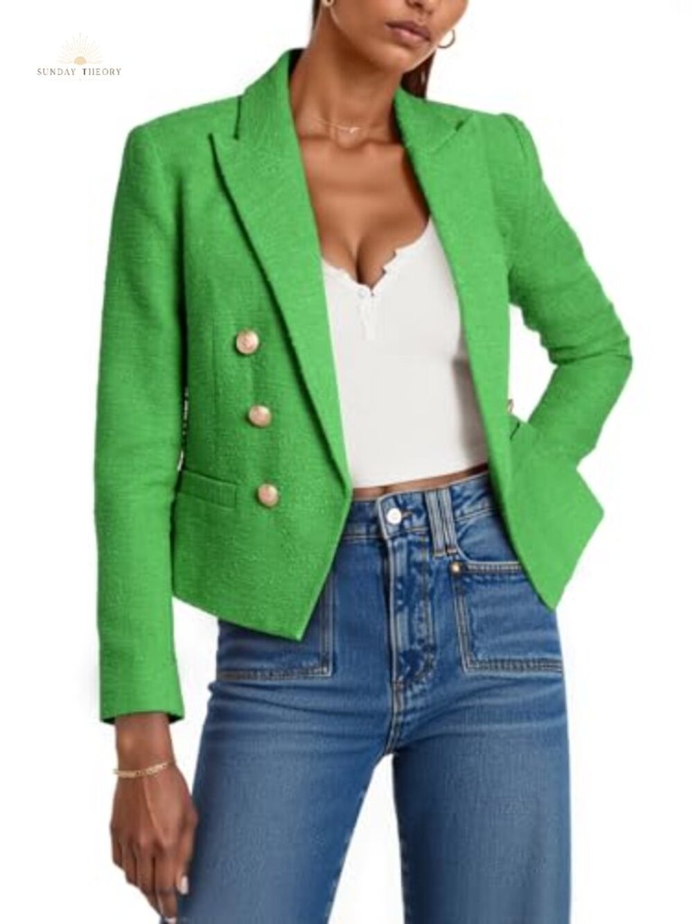 Cropped Tweed Blazer Jacket Long Sleeve Open Front Business Suit